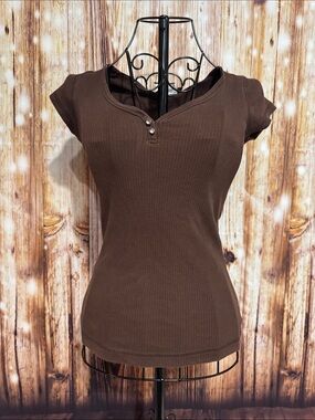 Self Esteem Brown Ribbed Short Sleeve Henley Tee